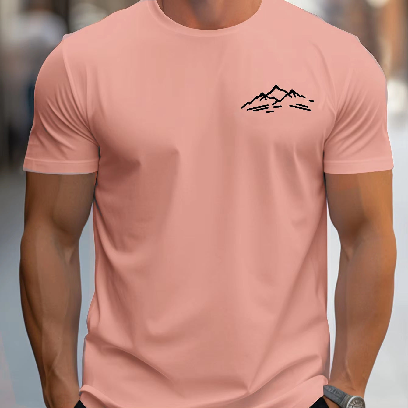 Cotton Relaxed Fit Mountain Pattern Printed Crew Neck Short Sleeve T Shirt For Sports